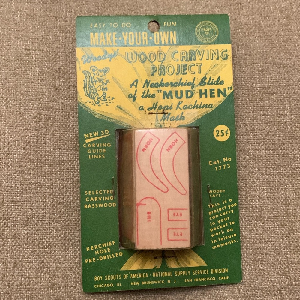 Vintage Boy Scout Make Your Own “Mud Hen” Wood carving Project Neckerchief Slide